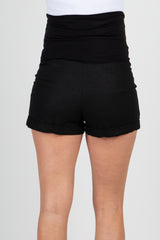 Black Linen Foldover Waistband Maternity Shorts