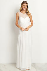 Ivory Mesh Neckline Ruched Bust Maternity Evening Gown
