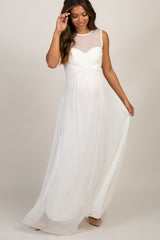 Ivory Mesh Neckline Ruched Bust Maternity Evening Gown