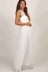 Ivory Mesh Neckline Ruched Bust Maternity Evening Gown