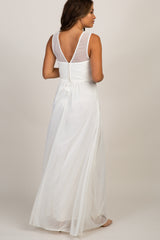 Ivory Mesh Neckline Ruched Bust Maternity Evening Gown