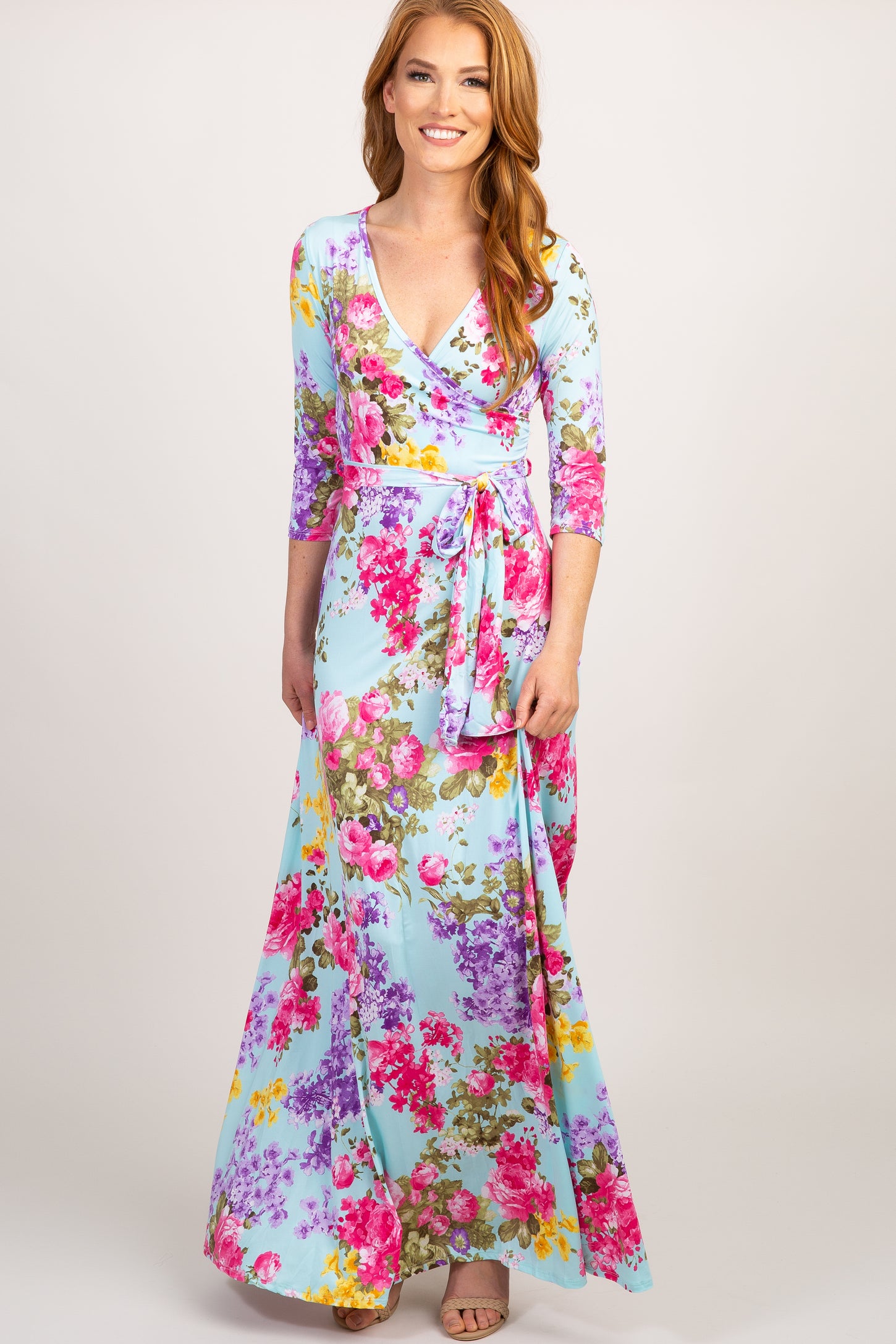 PinkBlush Mint Floral Sash Tie Maternity/Nursing Dress