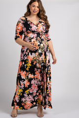 Black Floral Sash Tie Plus Maternity/Nursing Maxi Dress