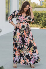 Black Floral Sash Tie Plus Maxi Dress