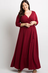 Burgundy Sash Tie Wrap Plus Maxi Dress