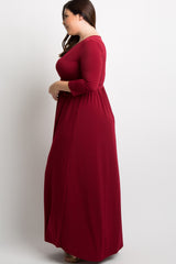 Burgundy Sash Tie Wrap Plus Maxi Dress