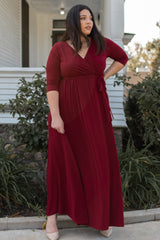 Burgundy Sash Tie Wrap Plus Maxi Dress