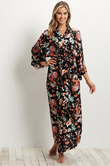 Black Floral Delivery/Nursing Long Maternity Robe