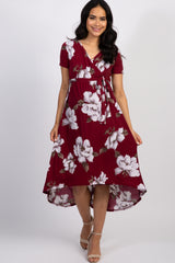 PinkBlush Burgundy Floral Hi-Low Midi Maternity/Nursing Wrap Dress