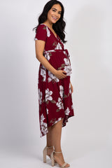 PinkBlush Burgundy Floral Hi-Low Midi Maternity/Nursing Wrap Dress