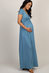 PinkBlush Blue Draped Maternity/Nursing Maxi Dress