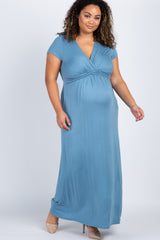 Blue Draped Plus Maternity/Nursing Maxi Dress