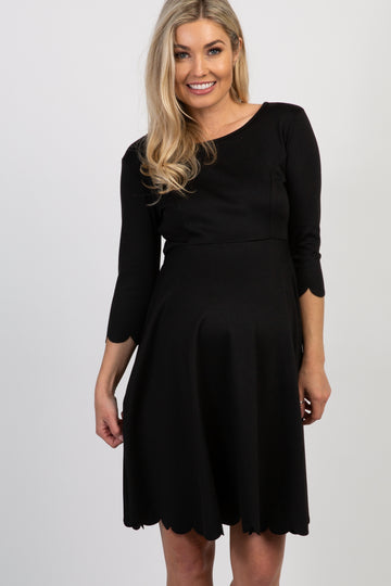 PinkBlush Black Solid Scalloped Hem Maternity Dress