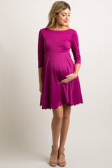 Magenta Solid Scalloped Hem Maternity Dress