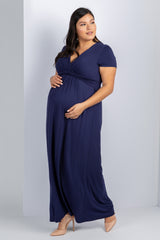 PinkBlush Navy Blue Draped Maternity/Nursing Plus Maxi Dress