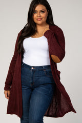 PinkBlush Burgundy Solid Knit Elbow Patch Plus Cardigan