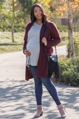 PinkBlush Burgundy Knit Elbow Patch Maternity Plus Cardigan