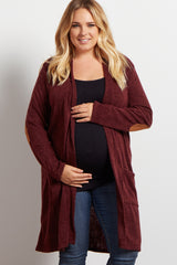 PinkBlush Burgundy Knit Elbow Patch Maternity Plus Cardigan