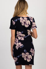 PinkBlush Navy Blue Watercolor Floral Fitted Maternity Dress