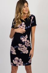 PinkBlush Navy Blue Watercolor Floral Fitted Maternity Dress