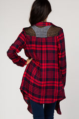 Red Flannel Crochet Accent Draped Cardigan