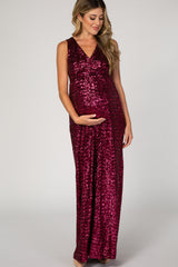 PinkBlush Burgundy Sequin V-Neck Sleeveless Maternity Evening Gown