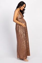 Gold Sequin V Neck Sleeveless Maternity Evening Gown