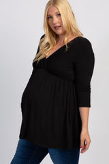Black Draped Front 3/4 Sleeve Maternity/Nursing Plus Top