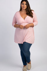 Pink Draped Front 3/4 Sleeve Nursing Plus Top