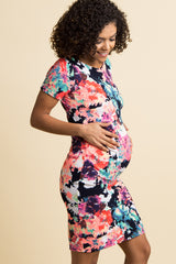 PinkBlush Navy Neon Floral Print Fitted Maternity Dress