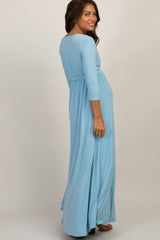 PinkBlush Light Blue Draped 3/4 Sleeve Maternity Maxi Dress