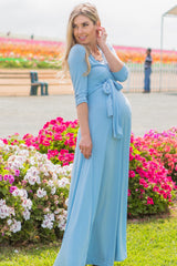 PinkBlush Light Blue Draped 3/4 Sleeve Maternity Maxi Dress