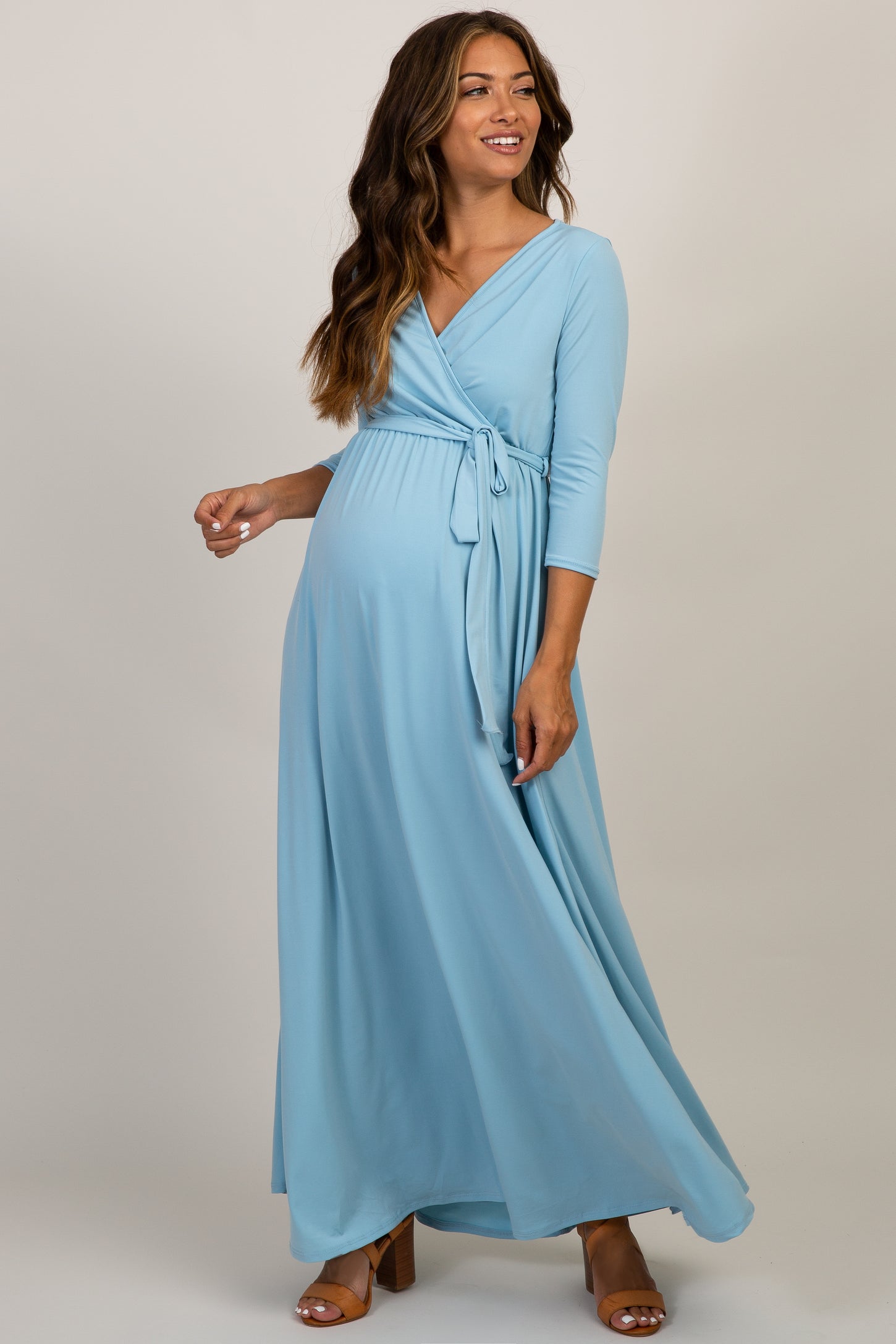 PinkBlush Light Blue Draped 3/4 Sleeve Maternity Maxi Dress