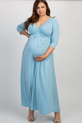 PinkBlush Light Blue Draped 3/4 Sleeve Plus Maternity Maxi Dress