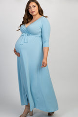 PinkBlush Light Blue Draped 3/4 Sleeve Plus Maternity Maxi Dress