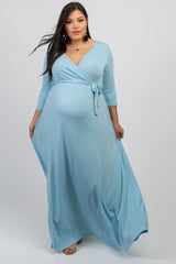 PinkBlush Light Blue Draped 3/4 Sleeve Plus Maternity Maxi Dress