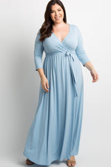 PinkBlush Light Blue Draped 3/4 Sleeve Plus Maternity Maxi Dress