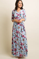 Blue Floral Maternity/Nursing Maxi Wrap Dress