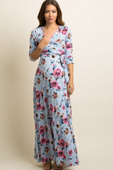 Blue Floral Maternity/Nursing Maxi Wrap Dress