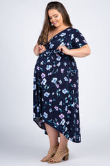 Navy Floral Hi-Low Plus Maternity Wrap Dress