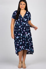 Navy Floral Hi-Low Plus Maternity Wrap Dress