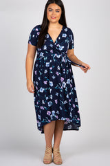 Navy Floral Hi-Low Plus Maternity Wrap Dress