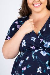 Navy Floral Hi-Low Plus Maternity Wrap Dress