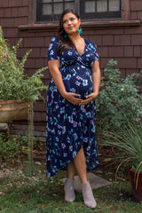 Navy Floral Hi-Low Plus Maternity Wrap Dress