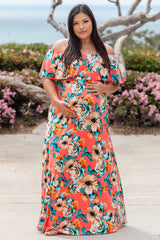 PinkBlush Coral Floral Off Shoulder Plus Maternity Maxi Dress