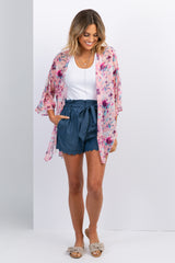 Light Pink Floral Chiffon Bell Sleeve Cover Up