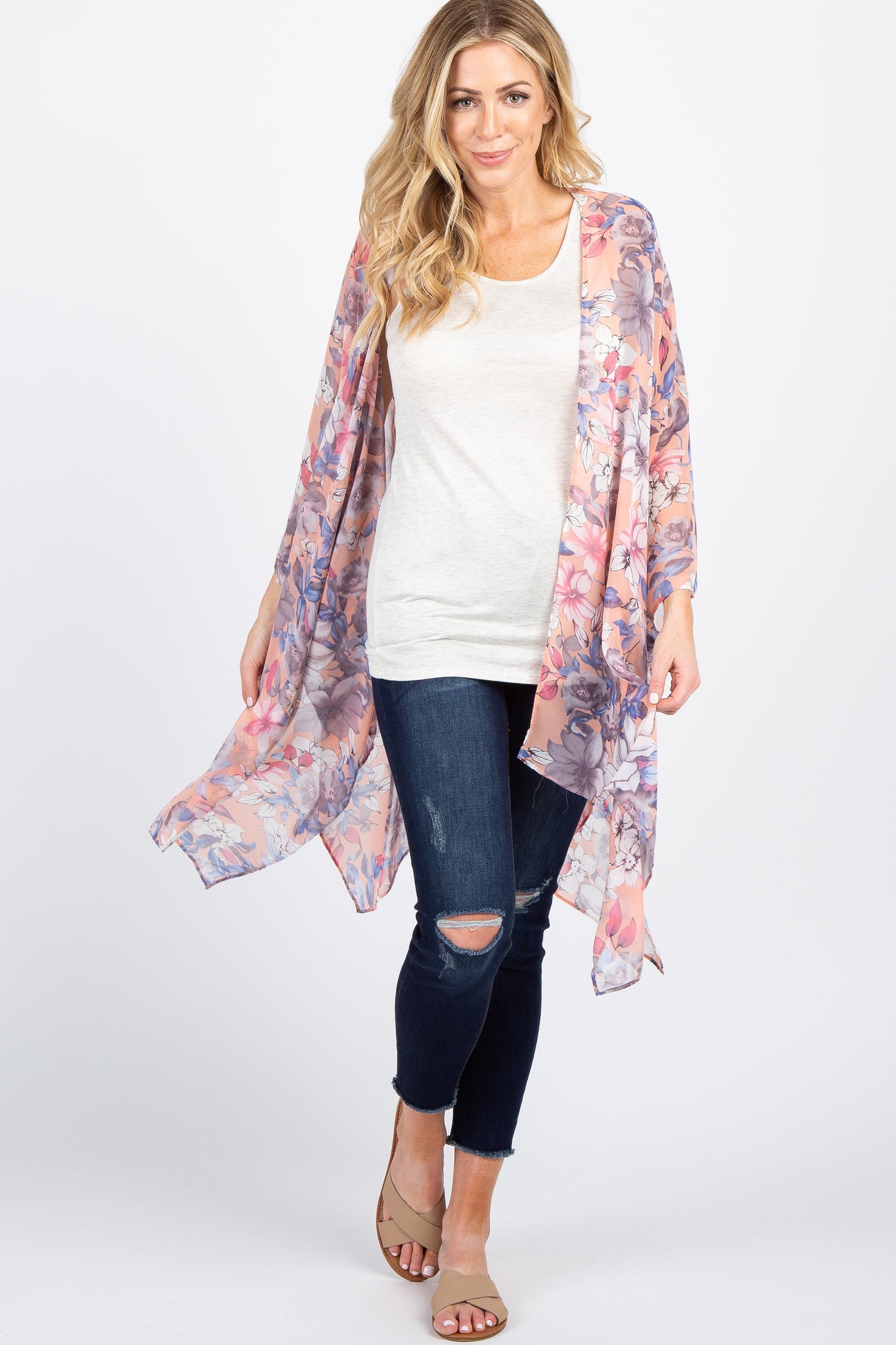 Peach Floral Chiffon Oversized Maternity Cover Up