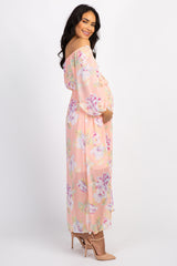 Peach Floral Off Shoulder Maternity Maxi Dress
