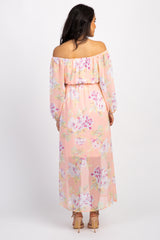 Peach Floral Off Shoulder Maternity Maxi Dress