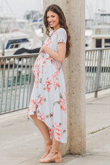 Light Blue Floral Hi-Low Maternity Wrap Dress